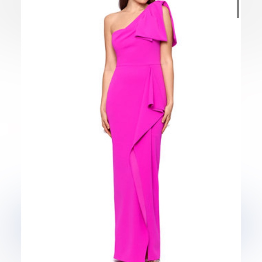 Betsy & Adam One-Shoulder Pink Prom Dress